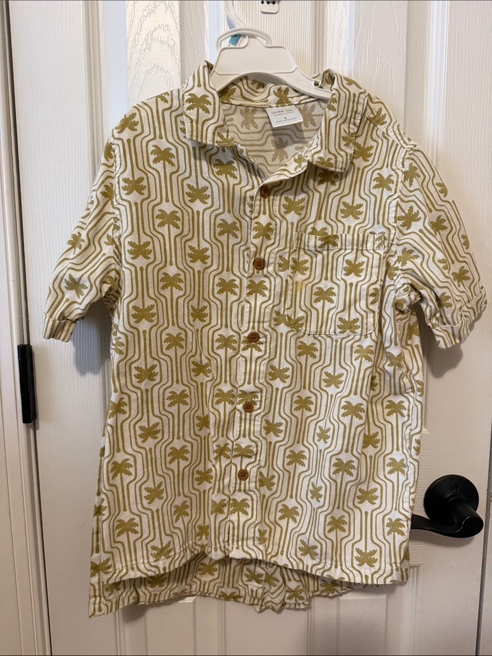 Kids Casual Button-Down Shirt in Cream & Olive Palm Print